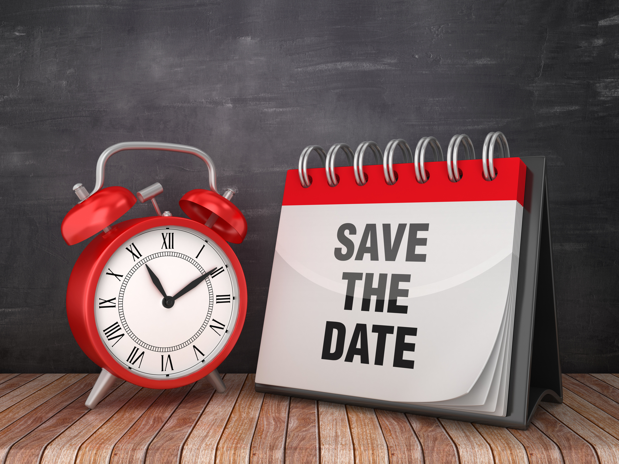 SAVE THE DATE Calendar with Alarm Clock on Chalkboard Background - 3D Rendering